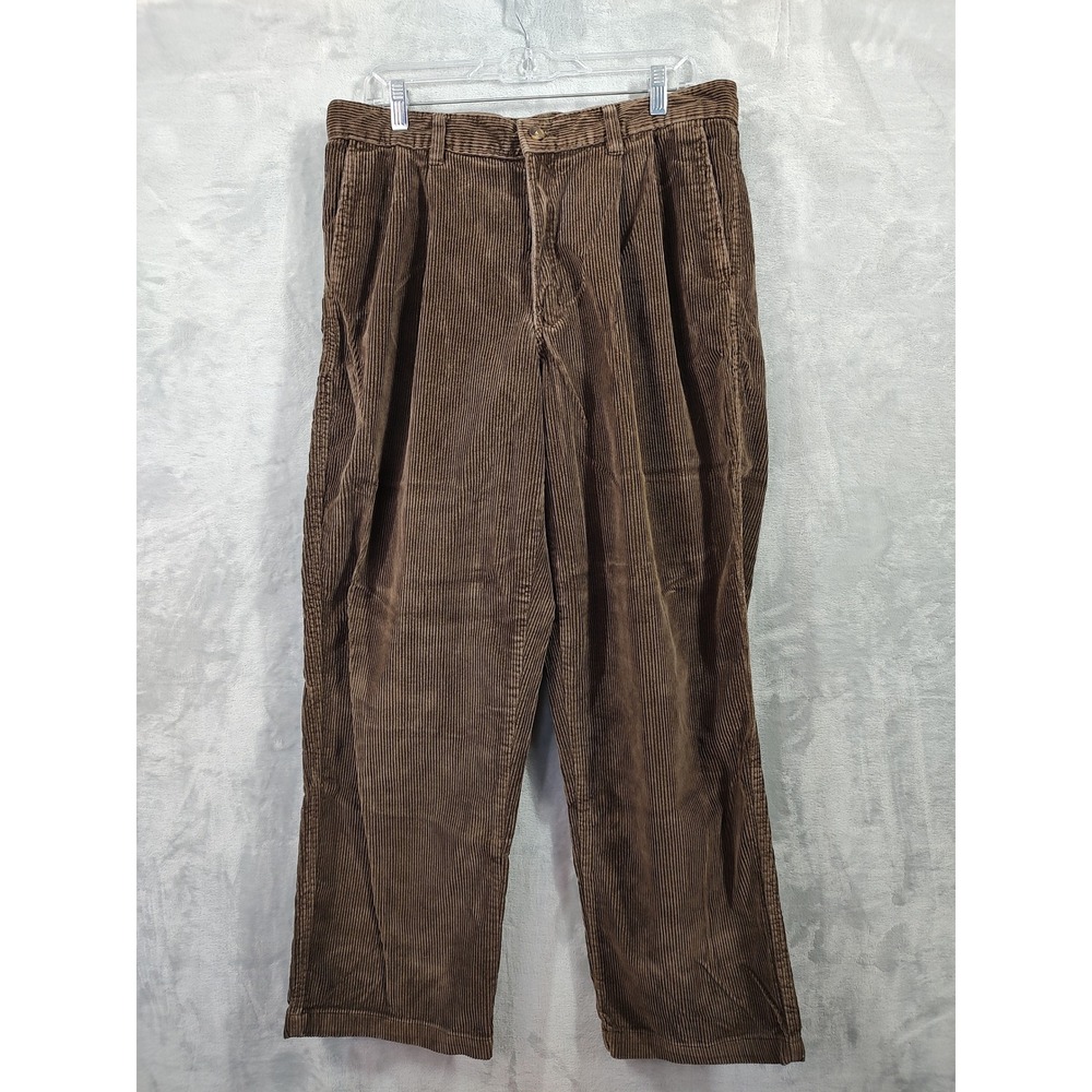Eddie Bauer Mens Brown Pleated Corduroy Pants Relaxed Fit 35x30 Wide Wale